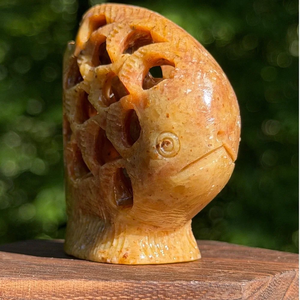 Figurine‎ Soapstone Fish Carved Amber Brown Reticulated Stone Vintage Decor